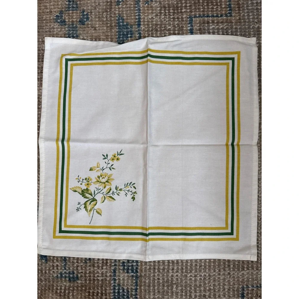 Vintage Set of 6 Floral Cloth Napkins White Yellow Green Striped Border 16x16